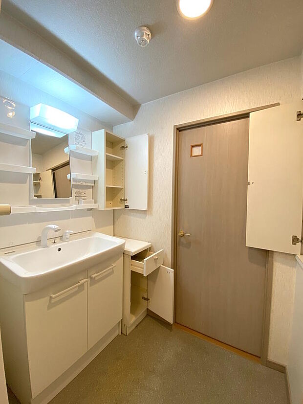 【洗面化粧台】洗面室入って左側に扉付き可動４枚棚の収納がついています。また、洗面台の右側にも収納がついています。タオルなどの日用品やスキンケア用品もしまえてすっきりとした空間を保つことができます。