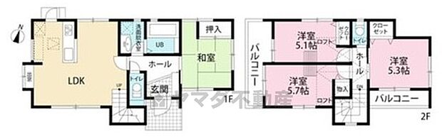 1階には独立した和室があり、様々な用途でお使いいただけます。2階はロフト付きの洋室が2部屋ございます。