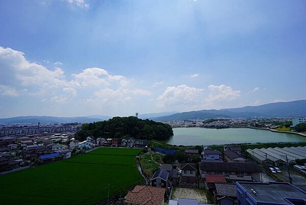 バルコニーからの眺望です。前面に遮るものがなく景色を一望できます。南向きで、日当たりも良好。お洗濯物が良く乾きます。