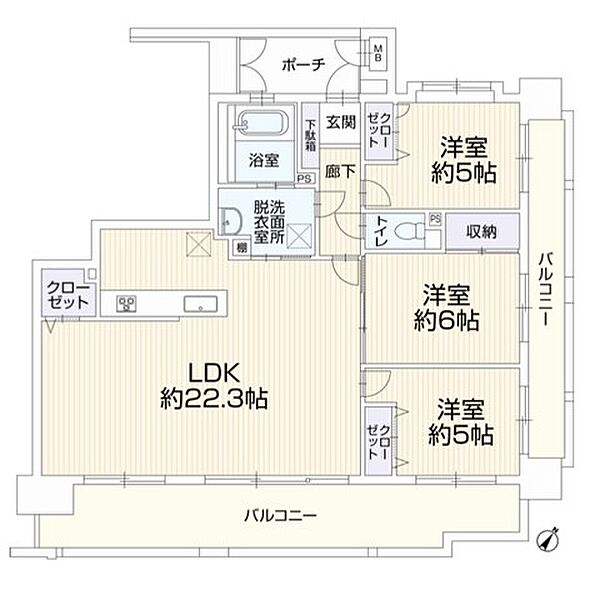 3LDK。南東向きで陽当たり良好＾＾全居室バルコニーに面しており、明るい室内＾＾全居室収納付き。