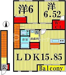 クロバーハイツ　B棟 2階2LDKの間取り