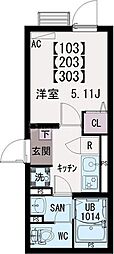東京メトロ千代田線 町屋駅 徒歩16分の賃貸マンション 2階1Kの間取り