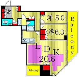 アトラスブランズタワー三河島 2LDKの間取図画像