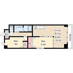 名古屋市営鶴舞線 浅間町駅 徒歩4分の賃貸マンション 3階2LDKの間取り