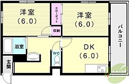 昭郷ツインハイツB棟 2DKの間取図画像