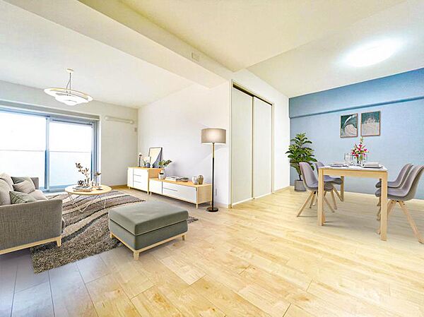 ■リビング■　落ち着いた色合いの内装で、居心地の良い空間を演出。（配置の家具はCGによるイメージです。）