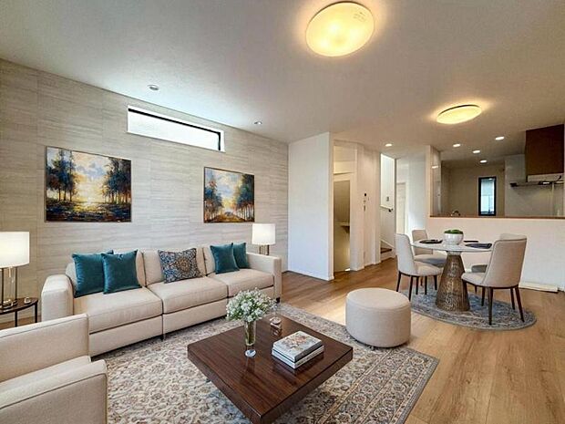 リビング(配置してある家具はCGによるイメージです)LDK19.4帖 広々とした落ち着きのあるリビングです。お友達が遊びに来た時にも使えますし、ちょっと疲れた時にお昼寝できるのも嬉しいですね。(202