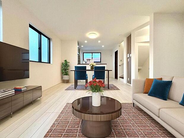 LDK17帖　（配置してある家具はCGによるイメージです）ゆとりあるキッチンスペースを備えるリビングは家族が1番くつろげる癒しの空間です。