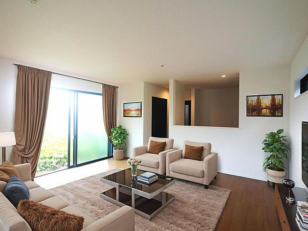 LDK18.7帖（配置してある家具はCGによるイメージです。)くつろげるリビングは話に夢中になりすぎて、ついつい時間を忘れてしまう。そんな束の間の幸せを感じさせてくれる場所です。