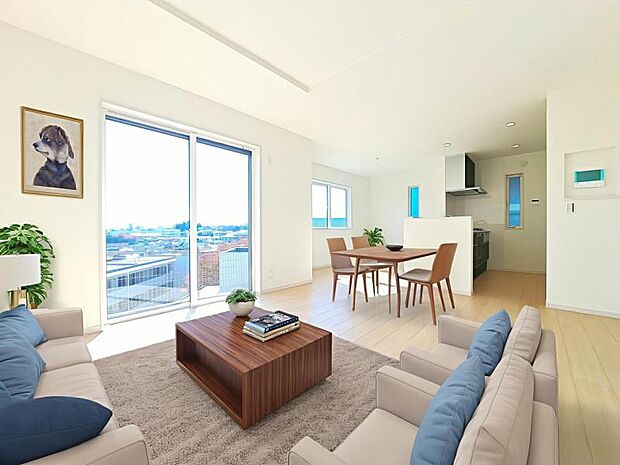 リビング（配置してある家具はCGによるイメージです。）LDK18帖　くつろげるリビングは話に夢中になりすぎて、ついつい時間を忘れてしまう。そんな束の間の幸せを感じさせてくれる場所です。