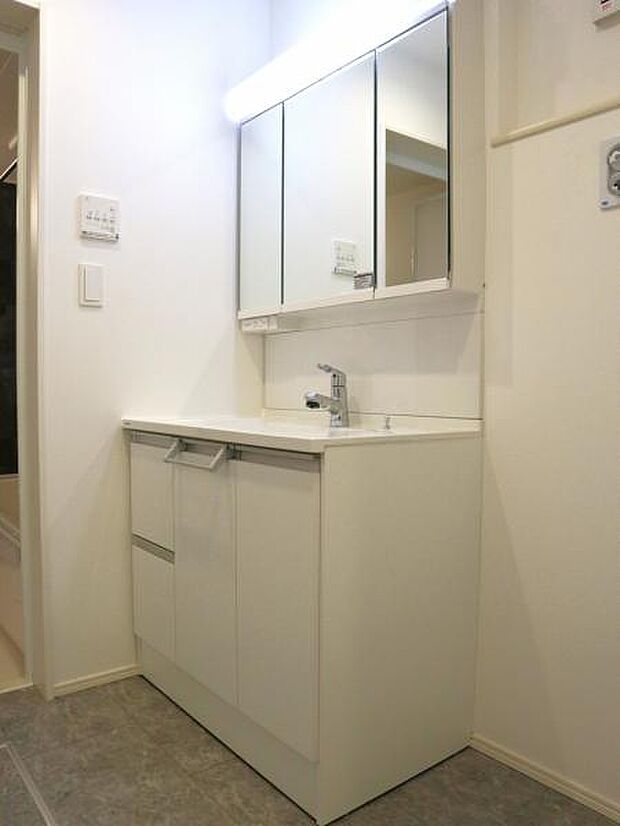 三面鏡の裏は機能的な収納を配置。コンセントも付いているため電動シェーバーや電動歯ブラシも収納できます。