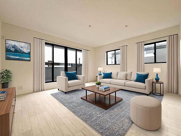 リビング（配置してある家具はCGによるイメージです）くつろげるリビングは話に夢中になりすぎて、ついつい時間を忘れてしまう。そんな束の間の幸せを感じさせてくれる場所です。