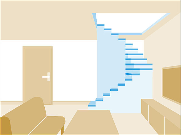 リビングイン階段により、ご家族が顔を合わせる機会が増え、会話が弾みます。またリビングと階段が一体化することで、天井が高く見えたり、開放的で明るい雰囲気が生まれます。