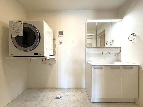三面鏡の裏は機能的な収納を配置。コンセントも付いているため電動シェーバーや電動歯ブラシも収納できます。