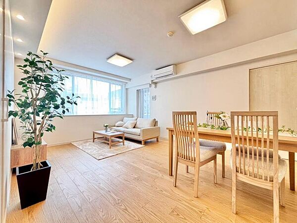 落ち着きのあるリビング（12.6帖）です。お友達が遊びに来た時にも使えますし、ちょっと疲れた時にお昼寝できるのも嬉しいですね。