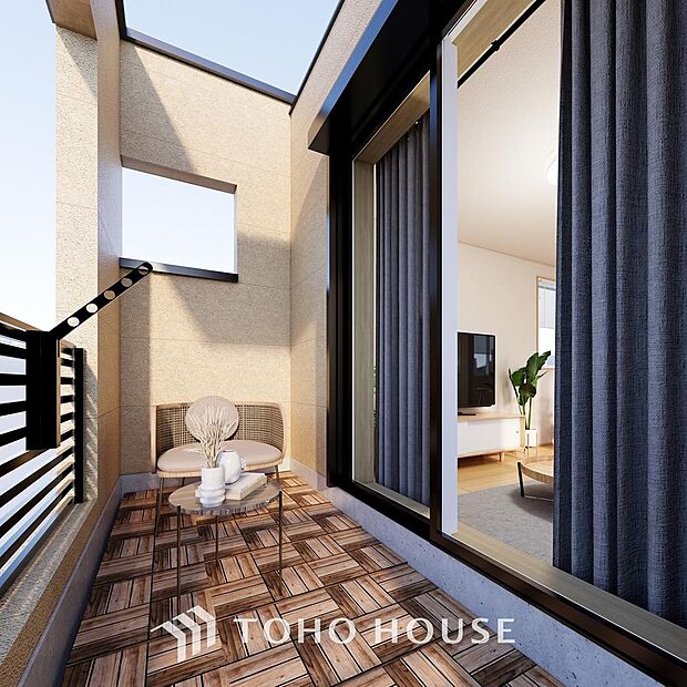 「開放感感じるバルコニー(パース)」頬をなでる優しい風を感じることが出来るバルコニー。つい深呼吸をしたくなる気持ちの良い眺望はこのお部屋の自慢です。