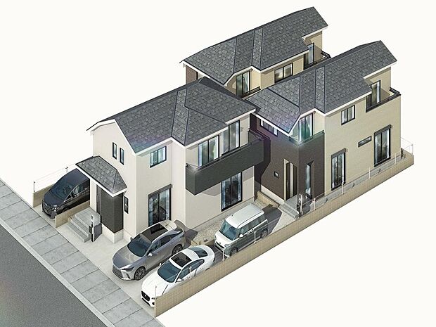 「外観パース」チュラルな色使いとスタイリッシュなフォルムで存在感を漂わせる街並み。都会的な外観と、雰囲気のある街並みがマッチし、新生活の情景を生み出します。