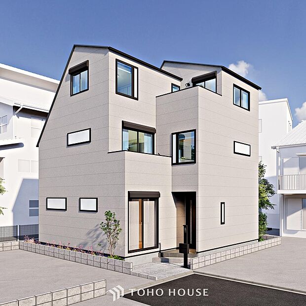 「外観」（パース）チュラルな色使いとスタイリッシュなフォルムで存在感を漂わせる街並み。都会的な外観と、雰囲気のある街並みがマッチし、新生活の情景を生み出します。