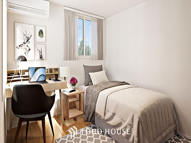 「窓あり×居室」（パース）主寝室は十分な広さに加えて、快適に目覚められるよう、大きな採光窓を設けました。