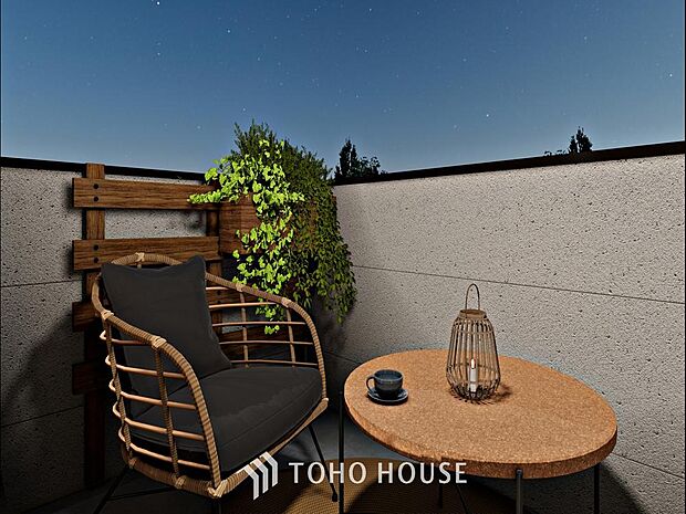 「バルコニー」（パース）バルコニーは、ご家族のお布団やシーツもまとめて干せるゆとりある広さになっています。