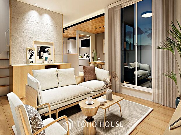 「リビングダイニング」（パース）家族の会話や笑顔が行き交うリビングで、大きなソファやダイニングテーブルでゆったり食事をしたりくつろぎたい。そんな夢が叶えられる空間です。