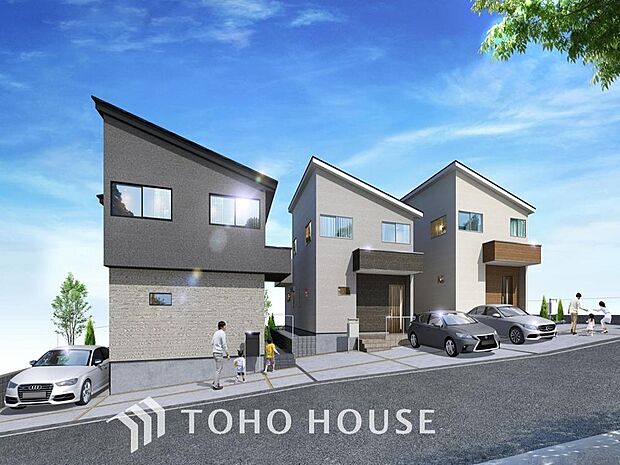 「完成予想図」チュラルな色使いとスタイリッシュなフォルムで存在感を漂わせる街並み。都会的な外観と、雰囲気のある街並みがマッチし、新生活の情景を生み出します。