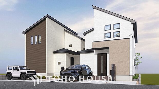 「外観（パース）」チュラルな色使いとスタイリッシュなフォルムで存在感を漂わせる街並み。都会的な外観と、雰囲気のある街並みがマッチし、新生活の情景を生み出します。