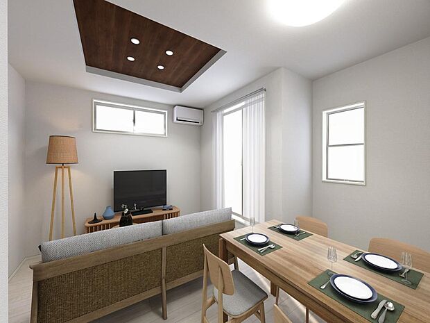 「リビングダイニング」大きな窓辺からの日差しが暖かい室内は、自然と住まう人の気分も明るくなり、リビングでの素敵なワンシーンが演出されます。