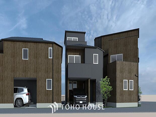 「外観パース」忙しく過ぎゆく日常を置き去るほど、ゆったりした時間が流れる住環境です。「快適」は「家」と「街」と「環境」が調和した時に訪れるのだと改めて感じさせてくれます。