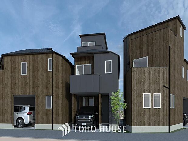 「外観パース 〜西新小岩3丁目新築戸建て 全3棟2号棟〜」今日も、明日も、この街で、きっと誰かがしあわせになる物語が描かれていくはずです。爽快な風も毎日やさしく頬をなででくれます。