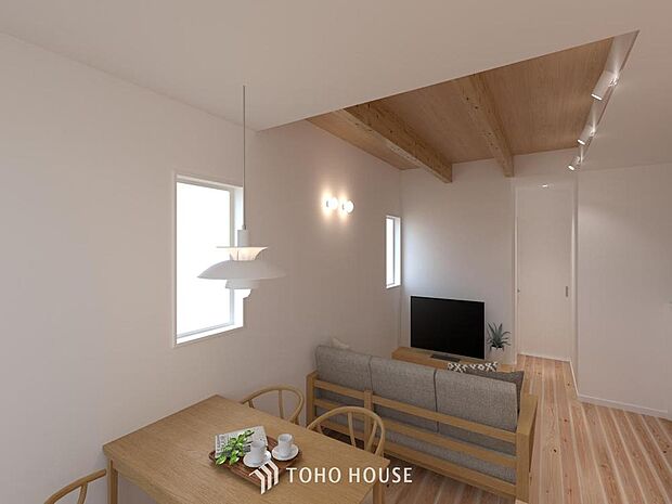 「リビングパース 18.1帖LDK」朝は爽やかな日差しを浴びながら、家族みんなでおいしい朝食。昼下がりには読書やお昼寝でもしながらのんびりと過ごすひと時。家族が集まる空間を、一番明るい空間に。