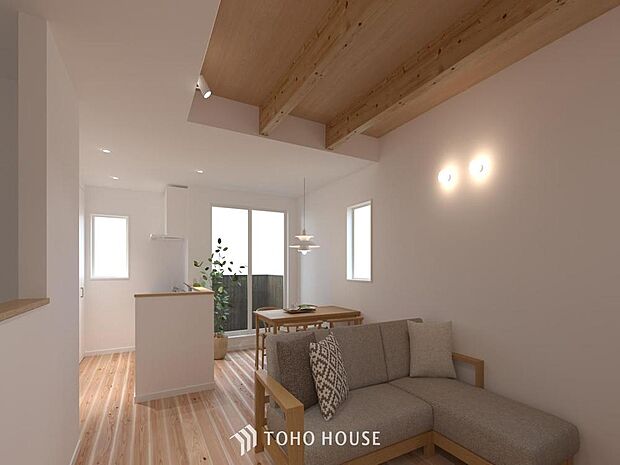 「リビングパース」落ち着いたカラーコーディネートの室内。インテリアやファブリックで、オーナー様好みのテイストデザインを取り入れて頂けます。