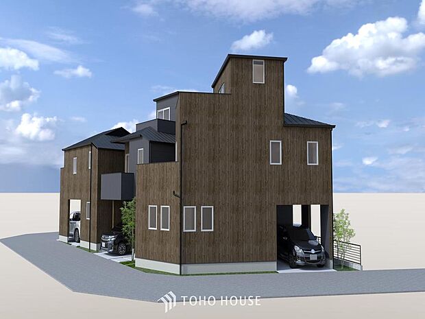 「外観パース」忙しく過ぎゆく日常を置き去るほど、ゆったりした時間が流れる住環境です。「快適」は「家」と「街」と「環境」が調和した時に訪れるのだと改めて感じさせてくれます。