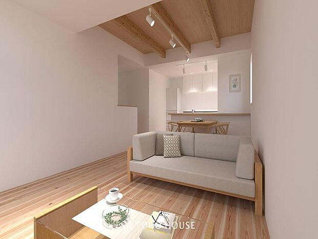 「リビングパース」朝は爽やかな日差しを浴びながら、家族みんなでおいしい朝食。昼下がりには読書やお昼寝でもしながらのんびりと過ごすひと時。家族が集まる空間を、一番明るい空間に。