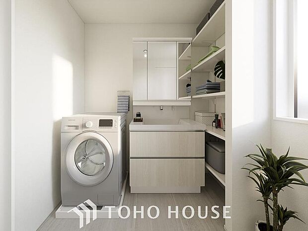 「洗面室(完成予想図)」置きたい物に合わせて高さを調整できる便利な可動式の棚をご用意しております。