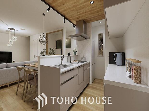 「キッチン(完成予想図)」大型の冷蔵庫やレンジボードもしっかり置ける広々としたキッチンスペースが大事。ゆとりある空間で作業ができるとお料理の腕も日に日に上がりそうな気がしてきます。