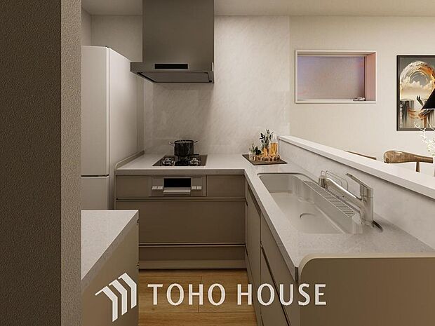 「リビングダイニング(完成予想図)」家族の暮らしに思いを馳せて、日常のワンシーンを表現した空間。シンプルな機能美とスマートな空間美。家族みんなが自然体で過ごせる心地良さ生み出しています。