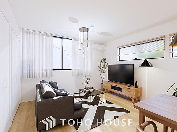 「リビングダイニング（パース）」団欒の場であるリビングには採光窓を多く取り入れていますので、暖かな陽光と心地よい風が贅沢に降り注ぎます。