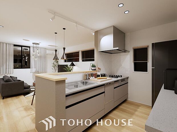 「キッチン（パース）」キッチンスペースは、ゆとりの広さを確保。開放的な対面式キッチンなので、ご家族との会話を楽しうことはもちろん、お子様を見守りながら家事時間を進められます。