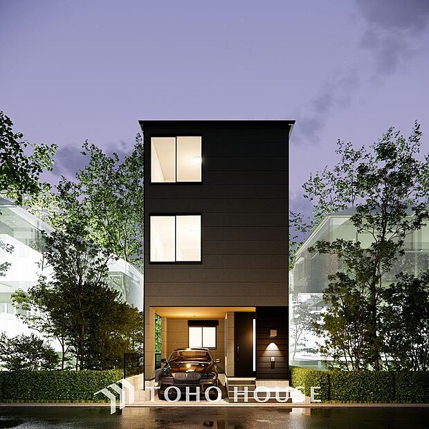 「外観」（パース）チュラルな色使いとスタイリッシュなフォルムで存在感を漂わせる街並み。都会的な外観と、雰囲気のある街並みがマッチし、新生活の情景を生み出します。