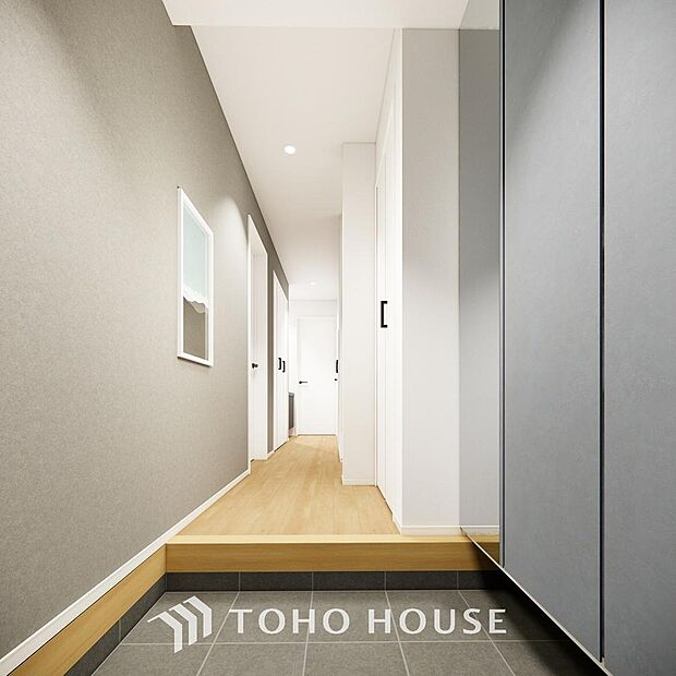 「玄関」（パース）清潔印象の玄関です。スペースを無駄なく活用し、使いやすいシューズボックスを設置しております。