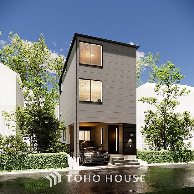 「外観」（パース）街並みや周辺の環境に呼応しながら、美しく、そして毎日の暮らしを考慮した機能性の高い住まい。