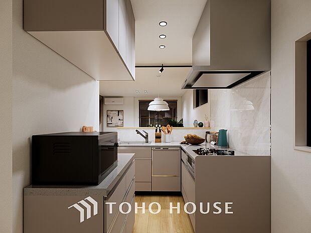 「キッチン」(パース)優しい温もりを醸し出すカウンターキッチンは料理の為の配慮を散りばめられた仕様です。家事をしながらリビングの様子を見守れる安心感もあります。