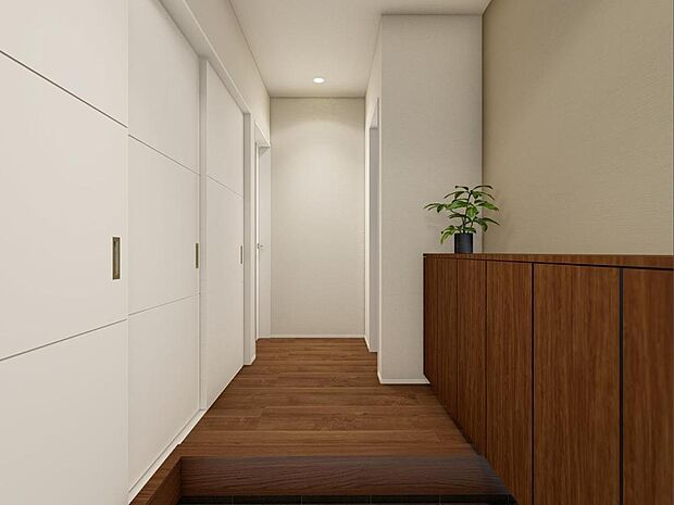 「玄関(パース)」人を迎え入れる最初の場所だからこそ、清潔感があり纏まった空間にして頂ける様にゆとりあるシューズボックスを設置しました。おでかけの時も帰った時も、「我が家」を最初に感じでもらえる素敵な