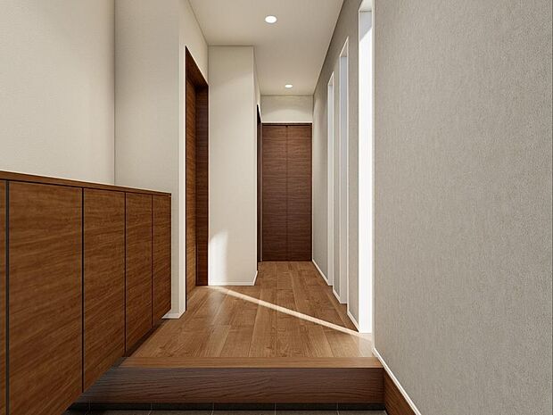 「玄関(パース)」人を迎え入れる最初の場所だからこそ、清潔感があり纏まった空間にして頂ける様にゆとりあるシューズボックスを設置しました。おでかけの時も帰った時も、「我が家」を最初に感じでもらえる素敵な