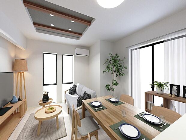 「リビング(パース)」家族の会話や笑顔が行き交うリビングで、大きなソファやダイニングテーブルでゆったり食事をしたりくつろぎたい。そんな夢が叶えられる空間です。