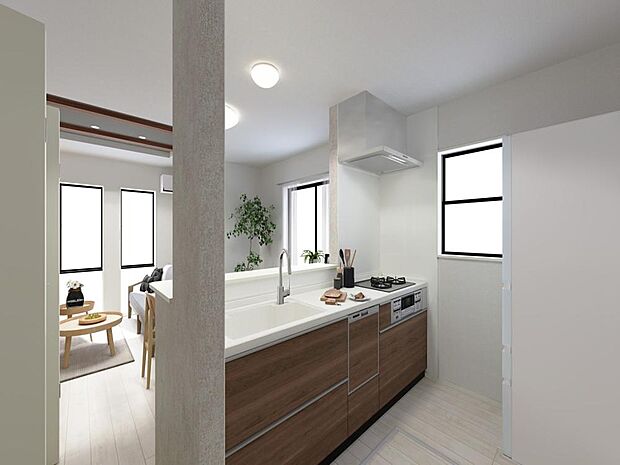 「キッチン(パース)」キッチンスペースは、ゆとりの広さを確保。開放的な対面式キッチンなので、ご家族との会話を楽しうことはもちろん、お子様を見守りながら家事時間を進められます。