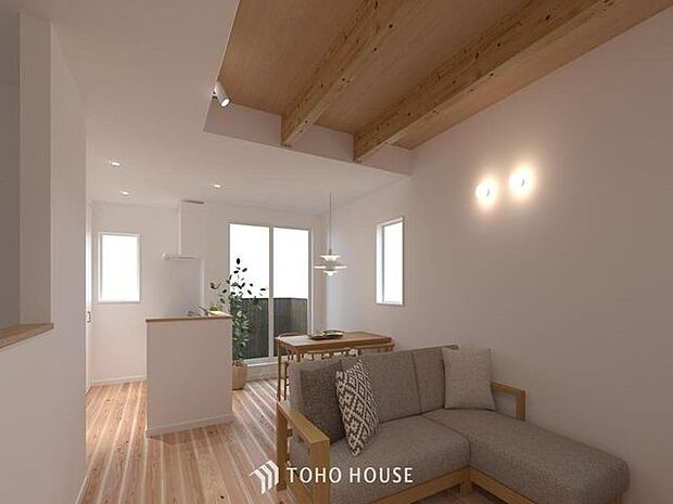 「リビングパース」落ち着いたカラーコーディネートの室内。インテリアやファブリックで、オーナー様好みのテイストデザインを取り入れて頂けます。