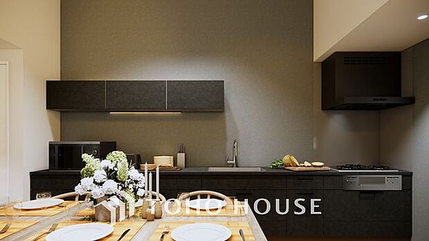 「キッチン」(パース)リビングのスペースを広く取れる壁付けキッチン。家事の動線を考えるとキッチンの後ろにすぐダイニングテーブルを配置することができて便利ですね。