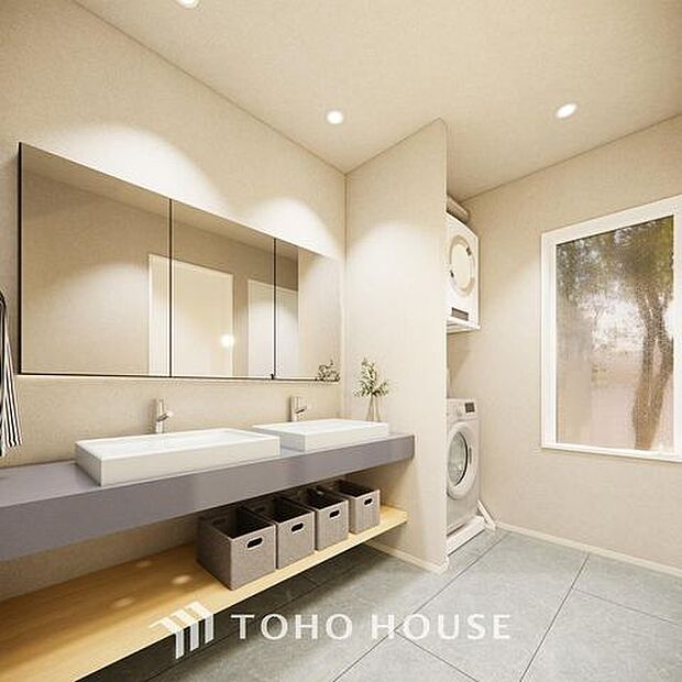 「洗面台」(パース)大きな鏡で朝の準備もばっちり。収納も多く、洗剤など日用品の保管にも便利です。